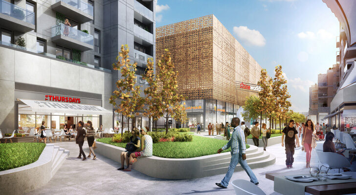 CGI of the public realm at High Street Quarter, with the perforated gold-clad cinema building behind